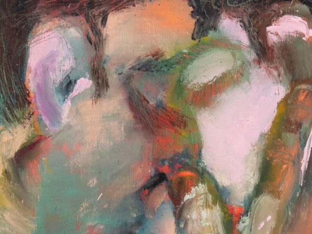 This painting depicts a brightly colored couple kissing passionately.