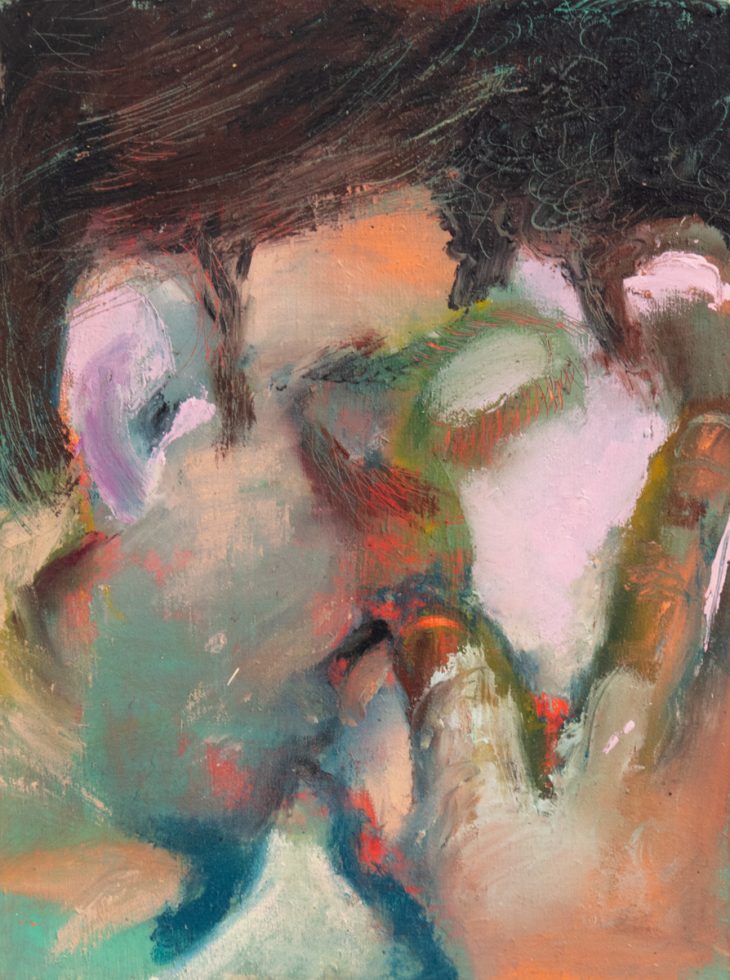 This painting depicts a brightly colored couple kissing passionately.
