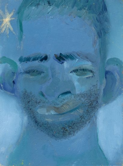 This painting shows a man's face in blue against a blue background