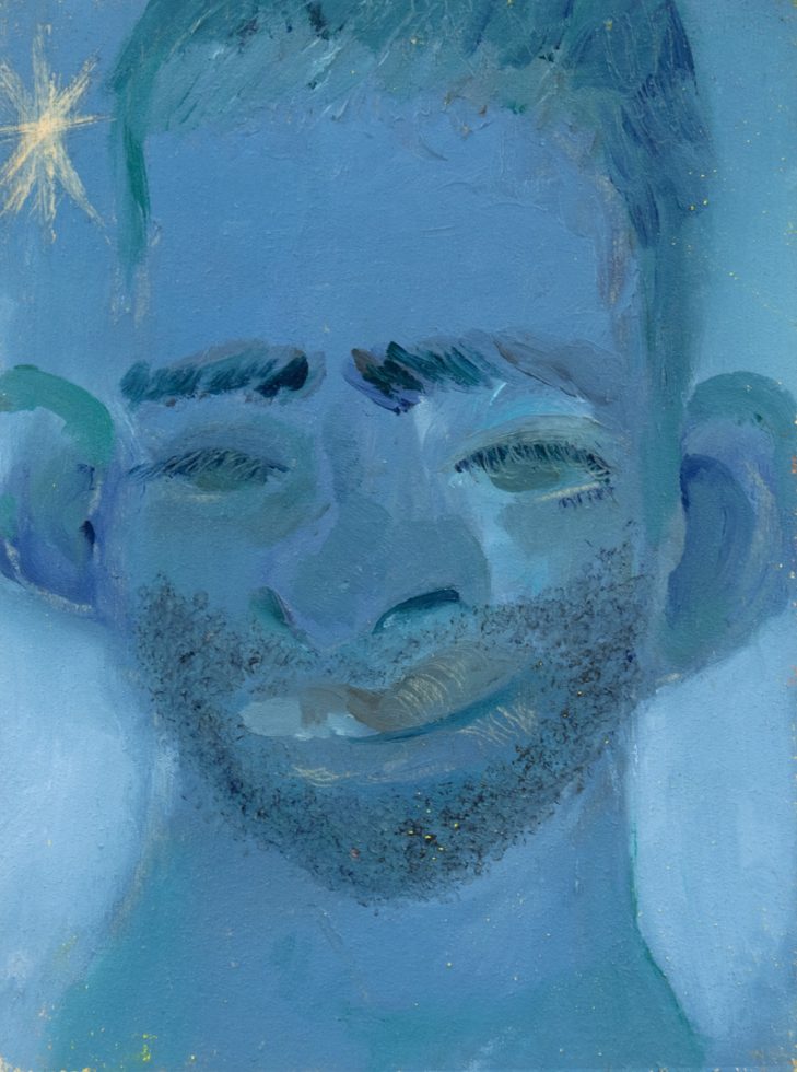 This painting shows a man's face in blue against a blue background
