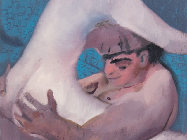 This painting shows two men making love in a blue bed. Their skin is pink.