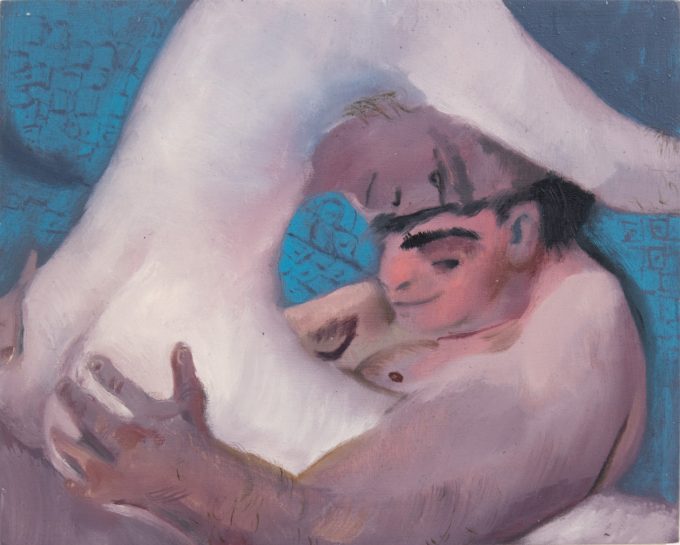 This painting shows two men making love in a blue bed. Their skin is pink.