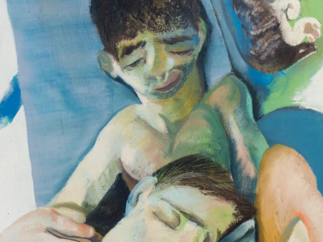 This painting depicts a man tenderly holding the head of another man in his lap. They are lying in bed, and a cat is lying with them.