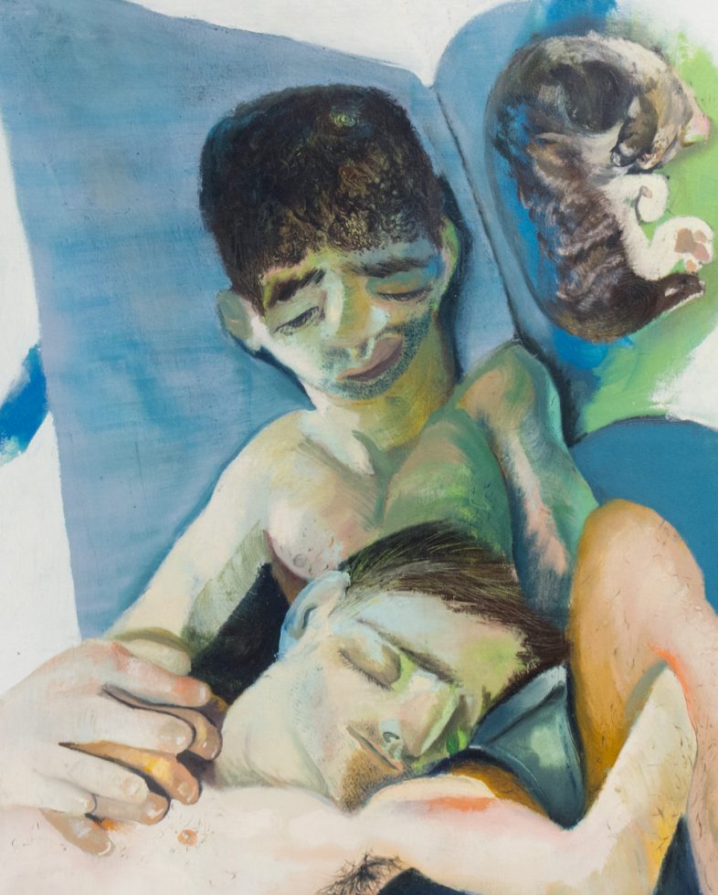 This painting depicts a man tenderly holding the head of another man in his lap. They are lying in bed, and a cat is lying with them.