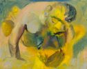 This bright yellow and blue painting depicts a man looking down over his lover.