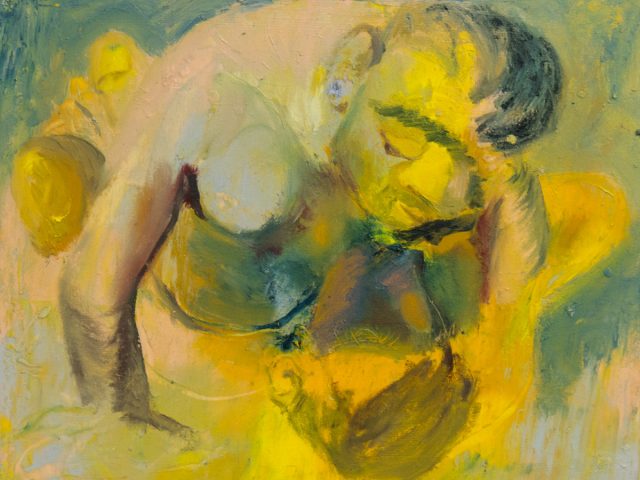 This bright yellow and blue painting depicts a man looking down over his lover.