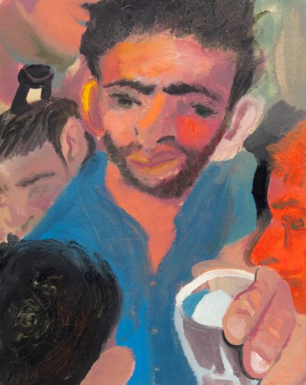This painting shows a man with bright orange skin wearing a blue top holding a cup.