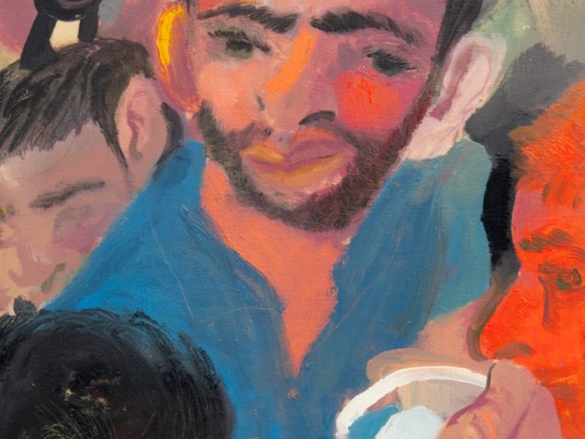 This painting shows a man with bright orange skin wearing a blue top holding a cup.