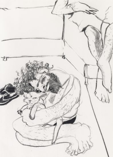 This charcoal drawing shows a man crouching on the floor and hugging a cat.