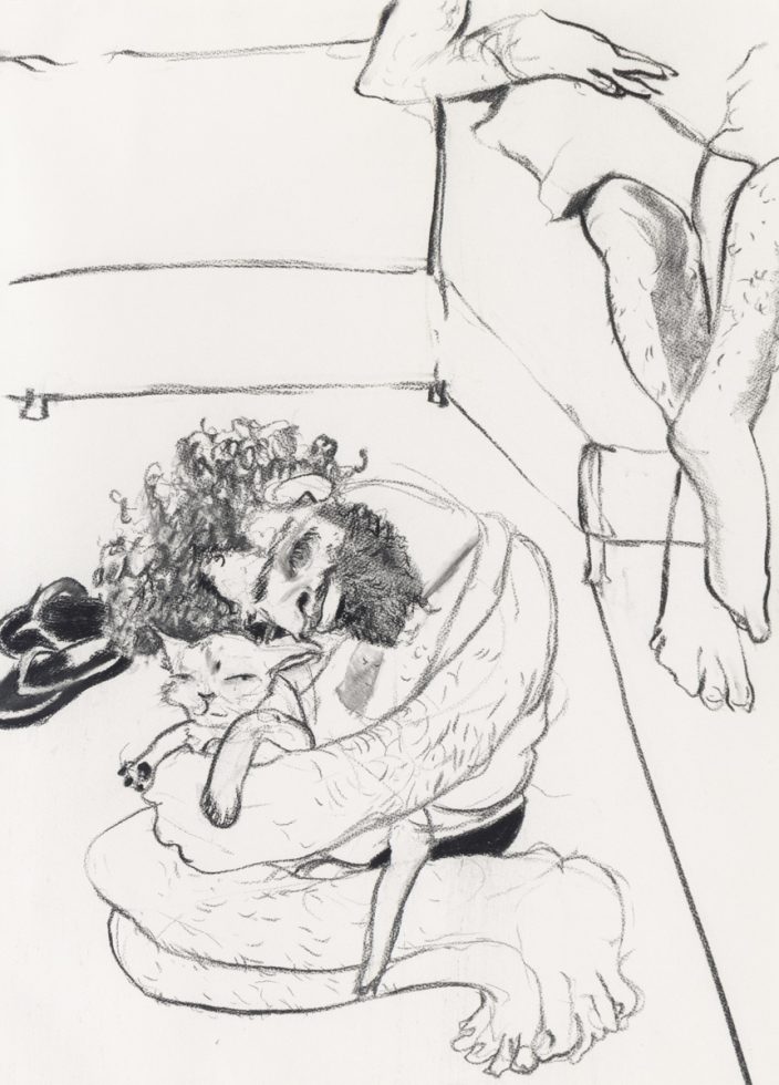 This charcoal drawing shows a man crouching on the floor and hugging a cat.