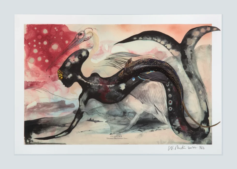 This image shows a watercolor of a strange being with a mermaid tail.
