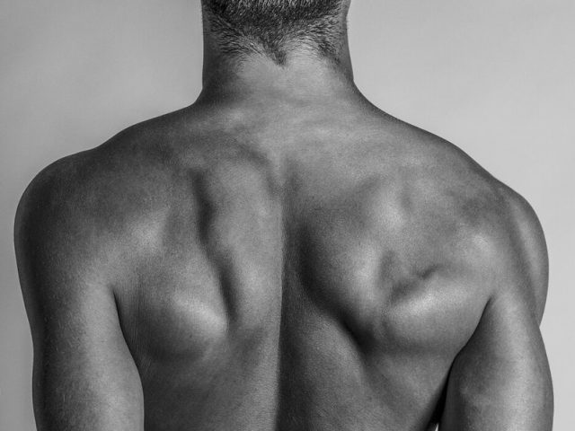 This black and white photograph shows a man's back, shining with light.